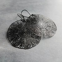 Large Black Filigree Earrings, round black earrings, thin earrings, cut out earrings, big earrings, floral earrings lightweight kidney - Constant Baubling