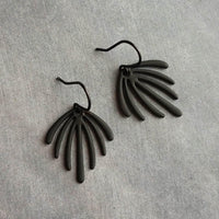 Matte Black Earrings, palm leaf earrings, long drip earrings, black dangle earrings, rubberized earring, all black earring, matt black hooks - Constant Baubling