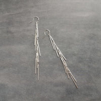 Long Silver Earrings, silver bar earring, cluster earring, fringe earring, thin narrow earring, gold stick earring shaggy earring, 4 inch - Constant Baubling