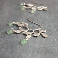 Vine Chandelier Earrings, matte silver earring, silver leaf earring, tree branch earring, vine hoop, glass drop beads, silver branch earring - Constant Baubling