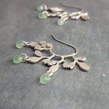 Vine Chandelier Earrings, matte silver earring, silver leaf earring, tree branch earring, vine hoop, glass drop beads, silver branch earring - Constant Baubling
