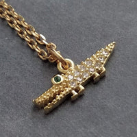 Gold Alligator Necklace, 24K gold over sterling silver pendant, cubic zirconia pendant, gator necklace crocodile necklace gold croc necklace - Constant Baubling