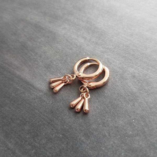 Rose Gold Drop Earrings, little teardrop earring, rose gold tear drop earring, 3 drop earring, dainty rose gold, small rose gold huggie hoop - Constant Baubling