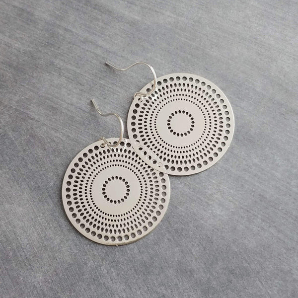 Pierced Silver Disk Earrings, dotted circle earrings, small round earring, mandala earring, silver coin earrings, punched dots, 1 in small - Constant Baubling