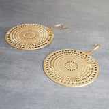 Gold Disk Earrings, dotted circle earrings, small round earring, mandala earring, gold coin earrings, punched dots 1 in small thin gold disc - Constant Baubling
