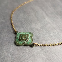 Green Clover Necklace, little clover pendant, green patina necklace, antique bronze chain, 4 leaf clover necklace, rustic necklace verdigris - Constant Baubling