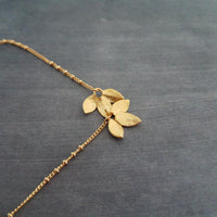 Gold Leaf Necklace, small gold leaves pendant, connected leaves necklace, simple gold leaf necklace, beaded gold satellite chain tiny dainty - Constant Baubling