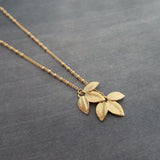 Gold Leaf Necklace, small gold leaves pendant, connected leaves necklace, simple gold leaf necklace, beaded gold satellite chain tiny dainty - Constant Baubling