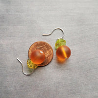 Orange Fruit Earring, citrus earrings, silver orange earrings, hostess gift, orange with leaf earrings, little orange, small frosted glass - Constant Baubling