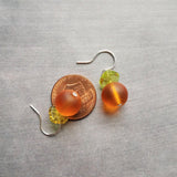 Orange Fruit Earring, citrus earrings, silver orange earrings, hostess gift, orange with leaf earrings, little orange, small frosted glass - Constant Baubling