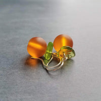 Orange Fruit Earring, citrus earrings, silver orange earrings, hostess gift, orange with leaf earrings, little orange, small frosted glass - Constant Baubling