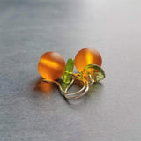 Orange Fruit Earring, citrus earrings, silver orange earrings, hostess gift, orange with leaf earrings, little orange, small frosted glass - Constant Baubling