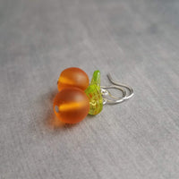 Orange Fruit Earring, citrus earrings, silver orange earrings, hostess gift, orange with leaf earrings, little orange, small frosted glass - Constant Baubling