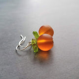 Orange Fruit Earring, citrus earrings, silver orange earrings, hostess gift, orange with leaf earrings, little orange, small frosted glass - Constant Baubling