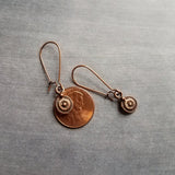 Long Copper Drop Earring, small round earring, antique copper earring, dainty copper earring small copper earring copper disk earring rustic - Constant Baubling
