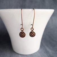 Long Copper Drop Earring, small round earring, antique copper earring, dainty copper earring small copper earring copper disk earring rustic - Constant Baubling