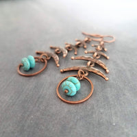 Copper Boho Earrings, antique copper earrings, long copper earrings, hammered copper earrings, turquoise stone dangle, aged rust Bohemian - Constant Baubling
