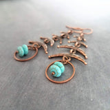Copper Boho Earrings, antique copper earrings, long copper earrings, hammered copper earrings, turquoise stone dangle, aged rust Bohemian - Constant Baubling