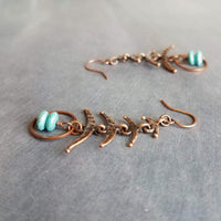 Copper Boho Earrings, antique copper earrings, long copper earrings, hammered copper earrings, turquoise stone dangle, aged rust Bohemian - Constant Baubling