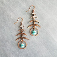 Copper Boho Earrings, antique copper earrings, long copper earrings, hammered copper earrings, turquoise stone dangle, aged rust Bohemian - Constant Baubling