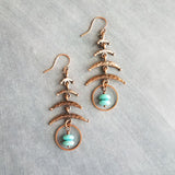 Copper Boho Earrings, antique copper earrings, long copper earrings, hammered copper earrings, turquoise stone dangle, aged rust Bohemian - Constant Baubling