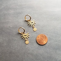 Small Gold Sun Earrings, gold huggie hoops, sun ray earring, sunshine earring, little earring, sunny day earring, gold tag dangle lever back - Constant Baubling