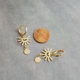 Small Gold Sun Earrings, gold huggie hoops, sun ray earring, sunshine earring, little earring, sunny day earring, gold tag dangle lever back - Constant Baubling