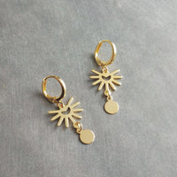 Small Gold Sun Earrings, gold huggie hoops, sun ray earring, sunshine earring, little earring, sunny day earring, gold tag dangle lever back - Constant Baubling