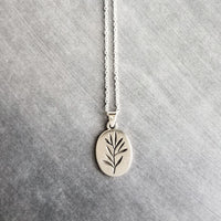 Silver Branch Necklace, small oval pendant, antique silver necklace, leaf pendant, branch pendant, silver oval sprout necklace new beginning - Constant Baubling