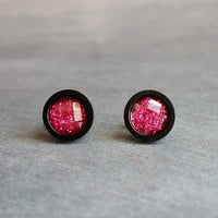 Hot Pink Black Stud Earrings, black fuchsia stud earring, hot pink earrings, matte black earring, fuchsia earrings, bright round sparkle - Constant Baubling