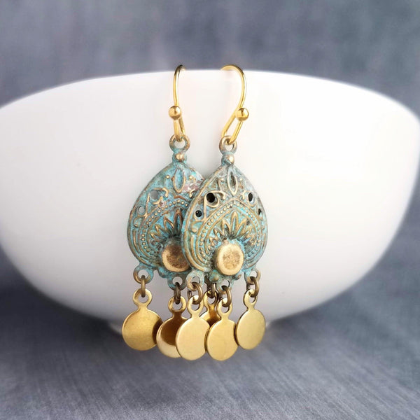 Small Turquoise Gold Earrings, small chandelier earring, little chandelier earring blue green patina teardrop Boho earring gold dangle disks - Constant Baubling