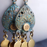 Small Turquoise Gold Earrings, small chandelier earring, little chandelier earring blue green patina teardrop Boho earring gold dangle disks - Constant Baubling