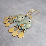 Small Turquoise Gold Earrings, small chandelier earring, little chandelier earring blue green patina teardrop Boho earring gold dangle disks - Constant Baubling