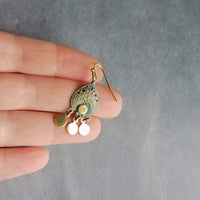 Small Turquoise Gold Earrings, small chandelier earring, little chandelier earring blue green patina teardrop Boho earring gold dangle disks - Constant Baubling