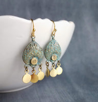Small Turquoise Gold Earrings, small chandelier earring, little chandelier earring blue green patina teardrop Boho earring gold dangle disks - Constant Baubling