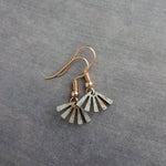 Small Turquoise Gold Fan Earrings, little fan earrings, sun ray earring, sunburst earring verdigris patina earring blue green earring dangle - Constant Baubling