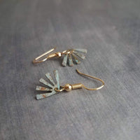 Small Turquoise Gold Fan Earrings, little fan earrings, sun ray earring, sunburst earring verdigris patina earring blue green earring dangle - Constant Baubling