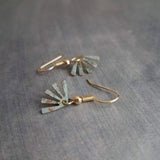 Small Turquoise Gold Fan Earrings, little fan earrings, sun ray earring, sunburst earring verdigris patina earring blue green earring dangle - Constant Baubling