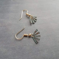 Small Turquoise Gold Fan Earrings, little fan earrings, sun ray earring, sunburst earring verdigris patina earring blue green earring dangle - Constant Baubling