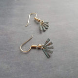 Small Turquoise Gold Fan Earrings, little fan earrings, sun ray earring, sunburst earring verdigris patina earring blue green earring dangle - Constant Baubling