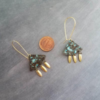Turquoise Patina Chandelier Earrings, gold oval drops, boho dangle earring, triangle chandelier, wedge earring, sector chandelier blue green - Constant Baubling
