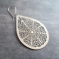 Large Silver Teardrop Earrings, silver filigree earring, statement earrings, large drop earring, cut out earring, big lightweight earrings - Constant Baubling