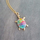 Rainbow Turtle Necklace, gold turtle necklace, enamel turtle pendant, terrapin necklace, reptile necklace, colorful turtle watercolor turtle - Constant Baubling