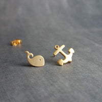 Whale Anchor Studs, tiny anchor earrings, small whale stud, nautical earring, mismatched earring, matte gold earring, sterling silver posts - Constant Baubling