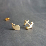 Whale Anchor Studs, tiny anchor earrings, small whale stud, nautical earring, mismatched earring, matte gold earring, sterling silver posts - Constant Baubling