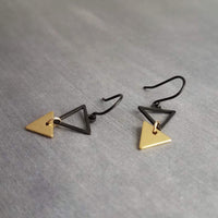 Small Triangle Earrings, black gold earring, matte black earring, double triangle earrings, triangle outline earring, black triangle outline - Constant Baubling