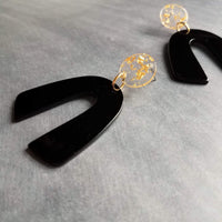 Large Chunky 80s Earrings, large black earring, retro earring, vintage style earring, black acrylic arch, plastic u shape clear gold earring - Constant Baubling