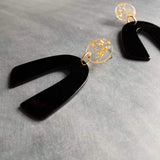 Large Chunky 80s Earrings, large black earring, retro earring, vintage style earring, black acrylic arch, plastic u shape clear gold earring - Constant Baubling
