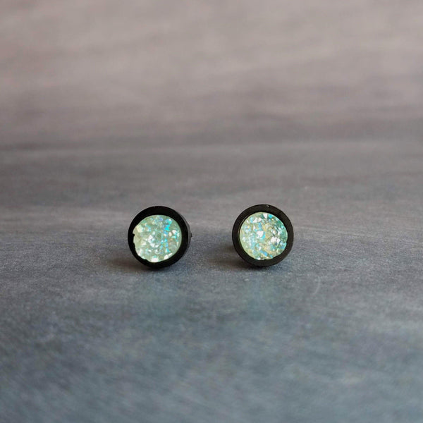 Ice Mint Blue Black Stud Earrings, ice blue earring, Alice blue earrings, matte black earring, small druzy earrings, jagged round stone pale - Constant Baubling