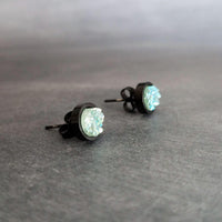 Ice Mint Blue Black Stud Earrings, ice blue earring, Alice blue earrings, matte black earring, small druzy earrings, jagged round stone pale - Constant Baubling